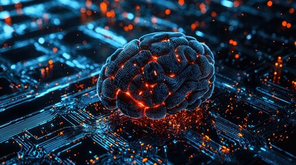 Artificial Intelligence Brain with Glowing Neural Network on Futuristic Digital Circuit Board representing Machine Learning and Advanced Computing