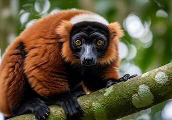 Obraz premium Red Ruffed Lemur Stares Intently from a Tree Branch.