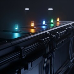 Futuristic High-Tech Machine with Glowing Indicators and Complex Wiring System in Dark Environment