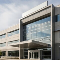 Sleek Modern Business Building Entrance, Glass Facade, Blank Signage Space, Daytime
