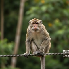 Monkey Perched on Cable - A Moment of Serenity in Nature.