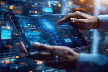 Digital technology, data science, cloud computing, big data concept. Software engineer using digital tablet with computer code, internet network connection, database management, technology background
