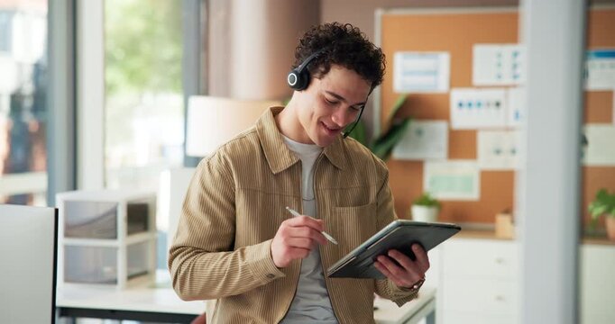 Tablet, call center and man talk in office with customer experience analyst for quality assurance. Tech, contact us and happy consultant with pen for root cause analysis, support and review feedback