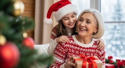 Joyful granddaughter wearing a santa hat hugs her smiling grandmother who is holding a christmas gift in front of a decorated tree and window