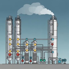 Modern Industrial Chemical Processing Plant Vector Illustration with Smoke, Factory Infrastructure Design
