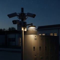 Modern Security Cameras and Streetlight Illuminating Lockers at Night in Urban Setting