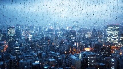 Rainy Night Cityscape: Glistening Urban Lights and Water Droplets on a Window Pane, Capturing a Serene and Atmospheric Metropolitan View