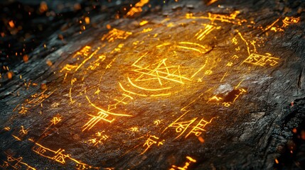 Radiant Golden Runes Etched into Volcanic Rock, Emitting Fiery Sparks and Energy
