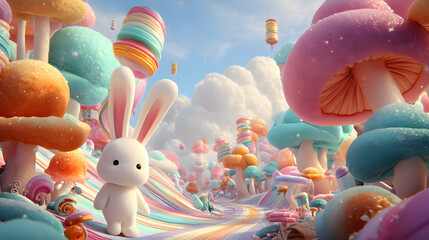 Whimsical easter bunny explores a magical candy mushroom forest with pastel colors and a dreamlike atmosphere