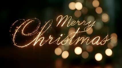 Animated Merry Christmas text with glowing particle effect over bokeh lights, festive holiday greeting video animation. - Powered by Adobe