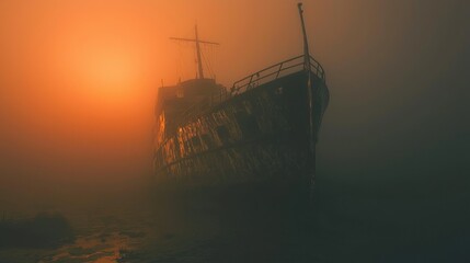 Abandoned Shipwreck in Golden Hour Fog: Mysterious Derelict Vessel at Sunrise or Sunset, Creating an Eerie and Atmospheric Seascape