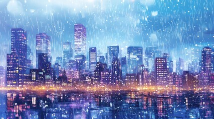 Vibrant Rainy City Skyline at Night with Sparkling Reflections and Illuminated Skyscrapers, Dynamic Digital Art