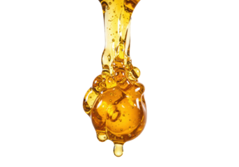 Thick golden viscous honey actively dripping, forming a rich globule with glistening highlights against a transparent studio background with creamy bokeh, concept for luxurious food advertising