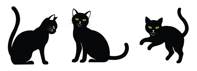 Black Cat Silhouettes with Green Eyes for Halloween Design on White Background