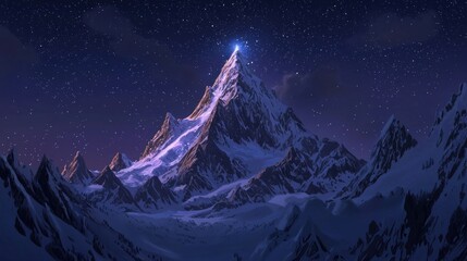 Mystical Snow-Capped Mountain Peak Glowing Under a Starry Night Sky