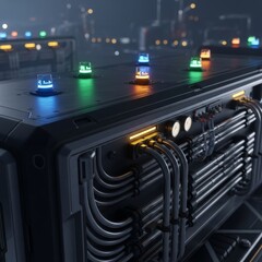 Futuristic Industrial Server Rack with Glowing Indicator Lights and Complex Wiring System