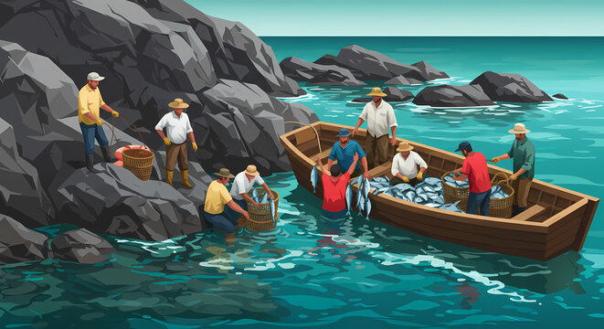 Fishermen unloading baskets of fish from a boat near rocky shores