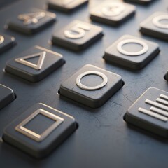 Modern Dark Grey Control Panel Keypad with Metallic Geometric Symbols and Numbers Close-up