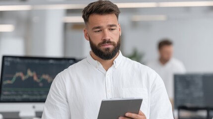 Young professional man using tablet in modern office space while analyzing financial data on screens in the background with a thoughtful expression.