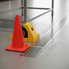 Modern Industrial Floor Drainage System, Safety Cone, Wheel Chock, Wet Concrete Surface