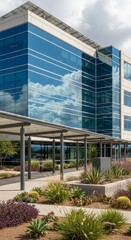 Reflective Glass Office Building with Rooftop Solar Panels and Eco-Friendly Xeriscape Garden