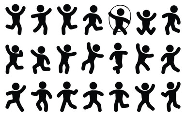 Happy People Silhouette – stick figure crowd celebration, joyful movement dance, community excitement vector icon