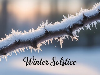 Obraz premium Delicate frost crystals sparkle on a bare tree branch with soft golden sunlight in the background during winter solstice