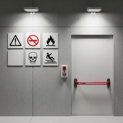 Emergency Exit Door, Red Push Bar, Safety Warning Signs on Industrial Concrete Wall