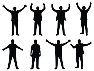 Victory Pose Silhouette – people celebrating success, raised hand gesture vector illustration, confidence and achievement symbol