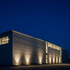 Illuminated Modern Industrial Building Facade at Night with Dark Sky, Contemporary Warehouse Architecture