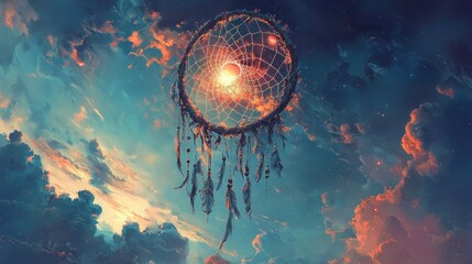 Ethereal Dreamcatcher Glowing in a Celestial Sky with Fiery Clouds and Stars, Mystical Fantasy Art