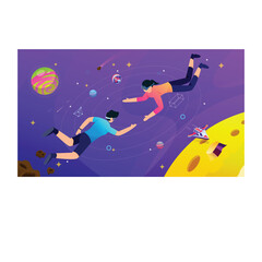 Two People Wearing Virtual Reality Headsets Floating in Outer Space Amidst Planets and Stars Exploring the Cosmos