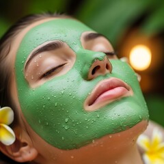 Fototapeta premium Womans Relaxing Spa Day - Green Facial Mask and Tropical Flowers.