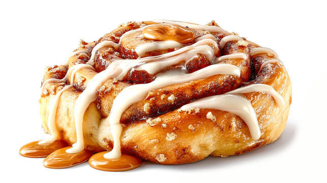 Sweet cinnamon roll icing drizzle caramel sauce baked pastry swirl bun dessert golden crust sticky topping sugar glaze close up - Powered by Adobe