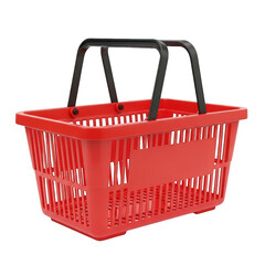 Red Plastic Shopping Basket with Black Handles Isolated. Supermarket or Store Empty Container, Retail Equipment for Buyer with Place for Logo, Realistic