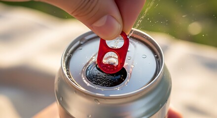 Opening a Refreshing Soda Can on a Sunny Day.