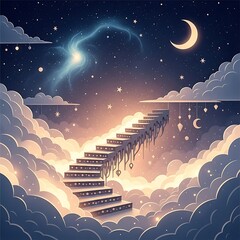 Stairway to the Stars - A Dreamy Nightscape with Clouds and Moon.