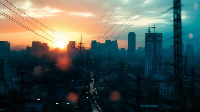Electricity transmission towers with orange glowing wires the starry night sky. Energy infrastructure concept, energy, electricity, voltage, supply, pylon, technology