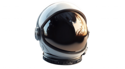 A close up view of a white astronaut helmet against a black background on transparent background