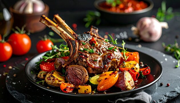 Roasted lamb chops with colorful vegetables on a dark plate