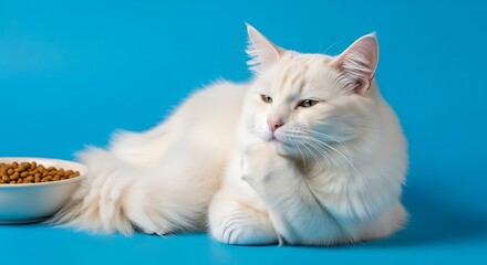 Elegant White Cat Resting Near Food Bowl on Blue Background.