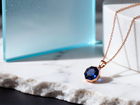 Luxury Blue Octagon Gemstone Pendant on Marble