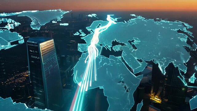 Aerial view of a glowing world map cities connected luminescent data streams that pulse like blood vessels. symbolizing virtualization and seamless data flow across countries