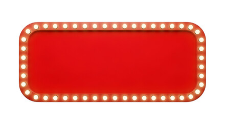 Empty Red Marquee Sign with Glowing Light Bulbs Isolated on White.