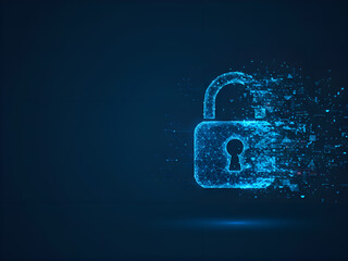 Digital Security Concept: Glowing Lock Disintegrating into Particles on Dark Background Copy space design