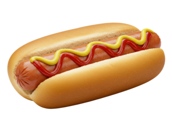 Perfectly grilled all-beef frankfurter with vibrant ketchup and yellow mustard in a brioche bun, on a transparent background with copy space, classic appetizing food concept.