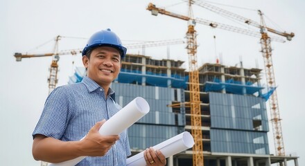 Smiling male architect in blue hard hat holding blueprints at construction site