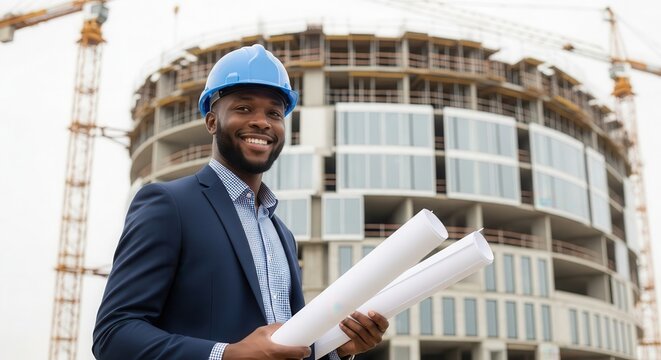 Happy african american male architect in blue hard hat holding blueprints at modern construction site