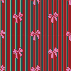 Festive Christmas Vertical Stripes with Pink Bows Seamless Pattern, Vintage Holiday Gift Wrap Textile Design