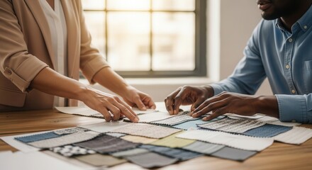 Professional fashion designers examining fabric swatches on a wooden table for textile selection